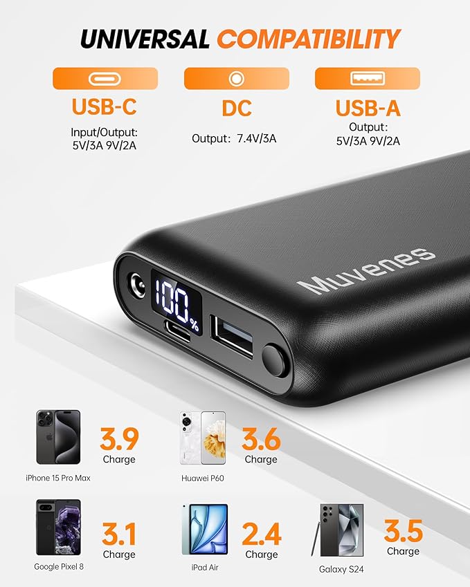 7.4V 20000mAh Heated Vest Battery Pack Compatible with ORORO, with Venustas, Rechargeable Outdoor Power Bank with Built-in USB-C Cable, DC/USB Ports for Heated Vests, Jackets, and Pants