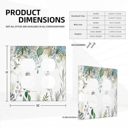 Green Tropical Palm Leaves Flower Plants Hummingbird Outlet Covers 2 Gang Double Duplex Decorative Light Switch Covers Electrical Wallplates Socket Faceplate for Bed Room Living Room Decor