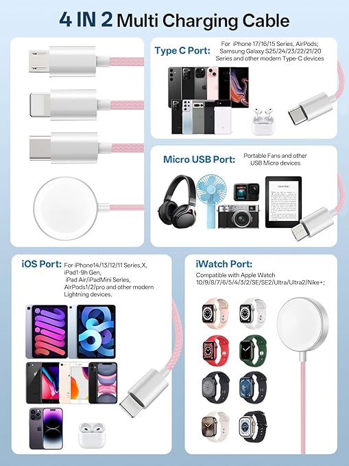 Travel Essentials, 4 in 2 Multi Charging Cable for Apple Watch Charger/iPhone Charger,USB C Cable Cord for iPhone 17-11/iWatch Ultra/10-2/Galaxy S25-S20, Android Phones, Kindle, MP3-Pink,4FT