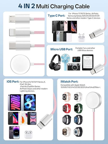 Travel Essentials, 4 in 2 Multi Charging Cable for Apple Watch Charger/iPhone Charger,USB C Cable Cord for iPhone 17-11/iWatch Ultra/10-2/Galaxy S25-S20, Android Phones, Kindle, MP3-Pink,4FT