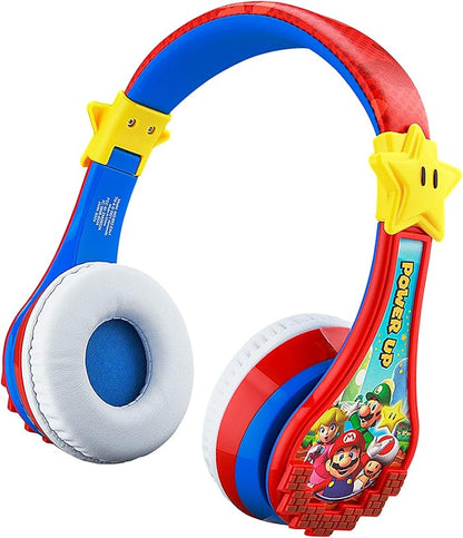 Super Mario Wireless Bluetooth Portable Kids Headphones with Microphone, Volume Reduced to Protect Hearing Rechargeable Battery, Adjustable Kids Headband for School Home or Travel