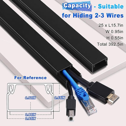 392.5in Wire Covers for Cords Kit-Black Cord Cover Wall, Wire Hiders for TV on Wall, TV Cable Hider Wall Kit for Wire Cover, Cord Hider Wall Mounted TV, Cord Concealer, 25 x L15.7 W 0.95H 0.55in