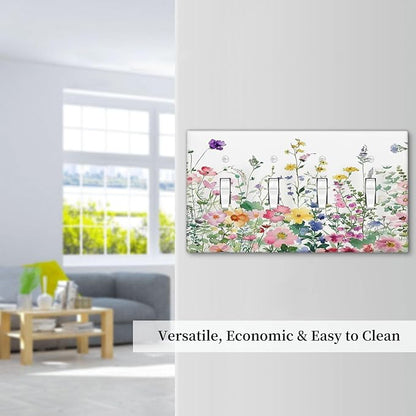 Light Switch Covers Boho Colorful Flowers Plant Rustic Wildflower Quad Toggle Electrical Faceplate 4 Gang Wall Plate Decorative Switch Plates for Bed Room Bathroom Decor