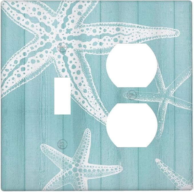 Decorative Outlet Covers Starfish Teal Wood Board Nautical 2 Gang Light Switch Cover Plate Single Toggle Duplex Wall Plates for Electrical Outlets Switch Plate Covers for Bedroom Home Decor
