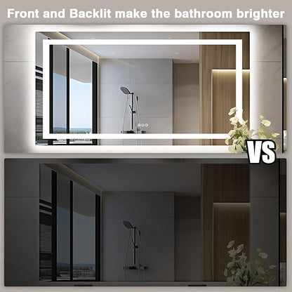 60"x30" Large LED Bathroom Vanity Mirror with Front Light and Backlit, Anti-Fog Illuminated Bathroom Mirror, Stepless Dimmable LED Mirror, 3 Colors Smart Mirror (Horizontal/Vertical)