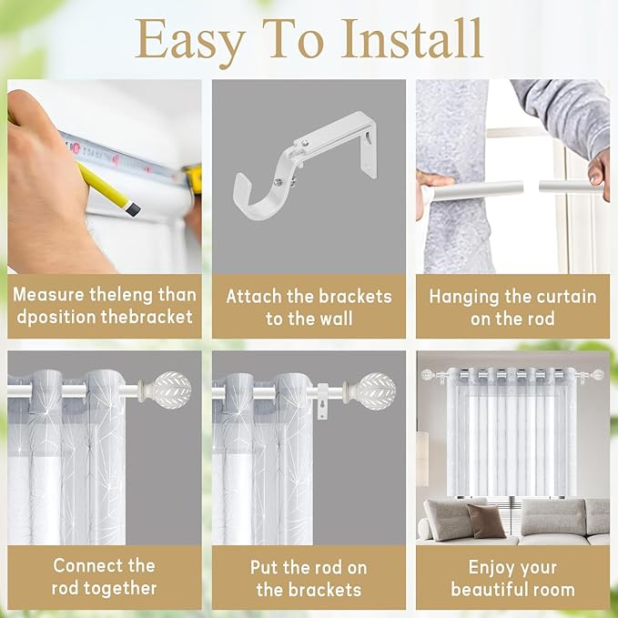 Weathered White Curtain Rod for Windows 28 to 48 Inches(2.3-4 ft)，1'' Diameter Heavy Duty Adjustable Curtain Rod with Leaf Pattern Finials - for Living Room, Bedroom,etc 18-45''