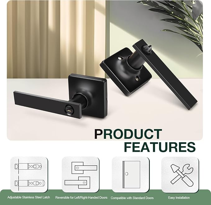 GOBEKOR 5 Pack Matte Black Interior Door Handles With Lock for Bedroom Bathroom - Square Lever Privacy Handles