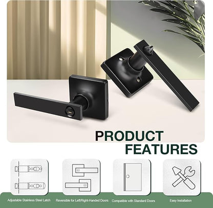 GOBEKOR 5 Pack Matte Black Interior Door Handles With Lock for Bedroom Bathroom - Square Lever Privacy Handles