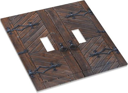 Decorative Light Switch Plate Covers Vintage Brown Wood Barn Door 2 Gang Light Switch Cover Unique Double Toggle Wall Plate Outlet Covers for Bedroom Home Decor （2 Pack）