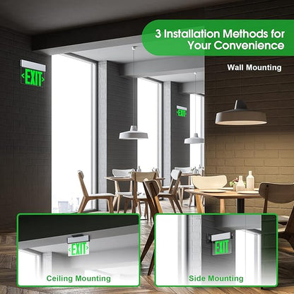 Green LED Edge Lit Exit Sign Brushed Aluminum Housing, UL Listed Emergency Exit Signs Single Sided Clear Acrylic with Battery Backup, AC 120-347V Hardwired Exit Lights, Top/Side/Wall Mount (4 Pack)