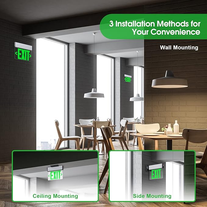 Green LED Edge Lit Exit Sign Brushed Aluminum Housing, UL Listed Emergency Exit Signs Single Sided Clear Acrylic with Battery Backup, AC 120-347V Hardwired Exit Lights, Top/Side/Wall Mount (1 Pack)