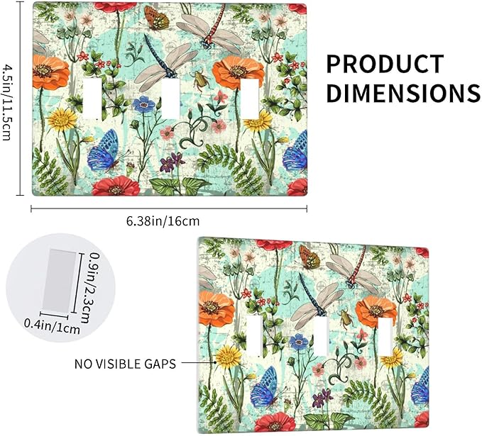 Dragonflies Flowers Butterfly 3 Gang Triple Toggle Outlet Light Switch Cover Decorative Wall Plate Cover For Home Living Bedroom Kitchen Decorative