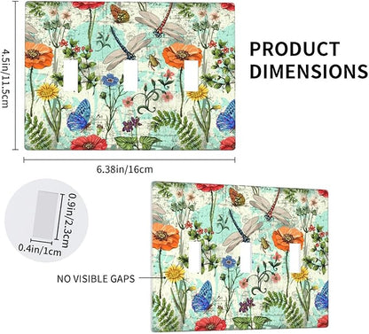 Dragonflies Flowers Butterfly 3 Gang Triple Toggle Outlet Light Switch Cover Decorative Wall Plate Cover For Home Living Bedroom Kitchen Decorative