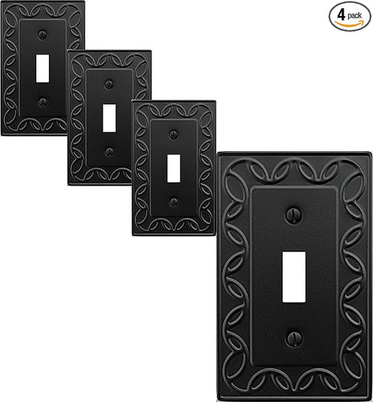 Single Duplex Outlet Cover Plate, 4-Pack Black NovaBloom Metal Wall Plate 1 Gang, Light Switch Cover, for Receptacle Light Switch, Switch Cover Decorative Wallplate, Durable