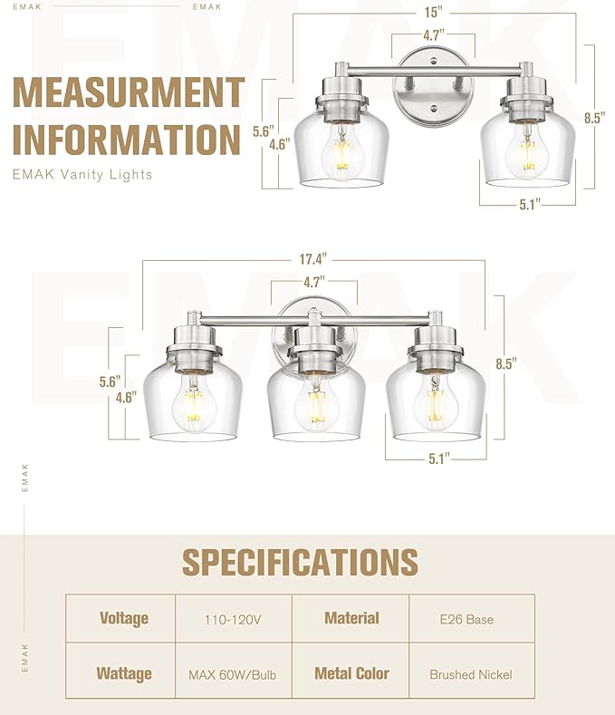 Emak Bathroom Light Fixtures Over Mirror, Brushed Nickel Vanity Light with Clear Glass Shade, 3-Light Vanity Lights for Bathroom, Mirror, Makeup Desk, VL122-BN-CG-3