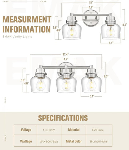 Emak Bathroom Light Fixtures Over Mirror, Brushed Nickel Vanity Light with Clear Glass Shade, 3-Light Vanity Lights for Bathroom, Mirror, Makeup Desk, VL122-BN-CG-3