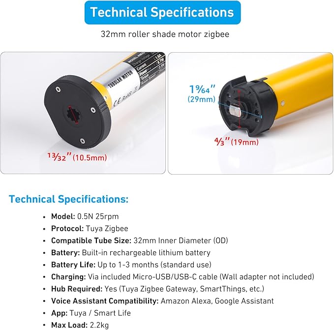 AM22 Zigbee Smart Roller Shade Motor for 32mm Tubes - Rechargeable Battery, Compatible with Alexa & Google Home via Tuya Zigbee Gateway, Voice & App Control