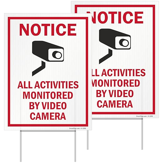 SmartSign (2-Pack) All Activities Monitored By Video Camera Yard Sign with 15" Metal H-Stake 9" x 12", Double Sided Sign with Camera Symbol, 160 mil Thick Corrugated Plastic Lawn Signs, USA-Made