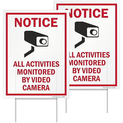 SmartSign (2-Pack) All Activities Monitored By Video Camera Yard Sign with 15" Metal H-Stake 9" x 12", Double Sided Sign with Camera Symbol, 160 mil Thick Corrugated Plastic Lawn Signs, USA-Made