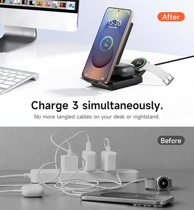 SURITCH for Samsung 3-in-1 Wireless Charging Station, 15W Ultra-Compact Chargers Foldable Charging Dock Stand for Galaxy S25 S24 S23 S22 S21 Z Fold/Z Flip, Galaxy Watch 8/7/6/5/4/3, Galaxy Buds, Black