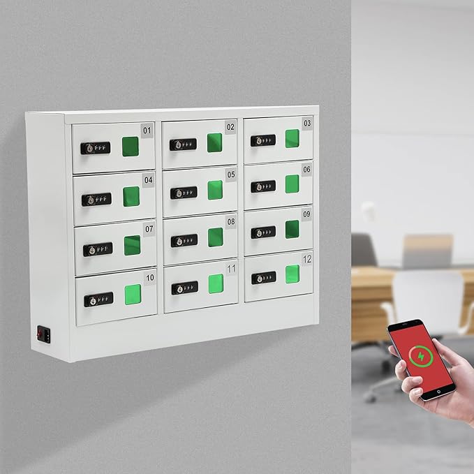 Cellphone Charging Station with Combination Lock, 12 Slots Cellphone Locker Mobile Device Phones Storage Pocket with 3-in-1 Charging Ports for Office Classroom Hotel (12 Slots)
