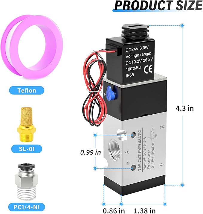 TAILONZ PNEUMATIC 1/8"NPT Solenoid Valve 3V110-06 DC24V Single Coil Pilot-Operated Electric 2 Position 3 Way Connection Type