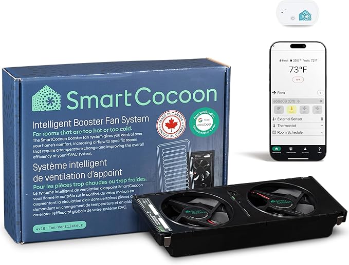 4X10 Register Booster Fan with Temperature & Humidity Sensor - Smart Dual Air Conditioner & Heater Floor Fan for Smart Home - Integrates with Ecobee & Nest Thermostats