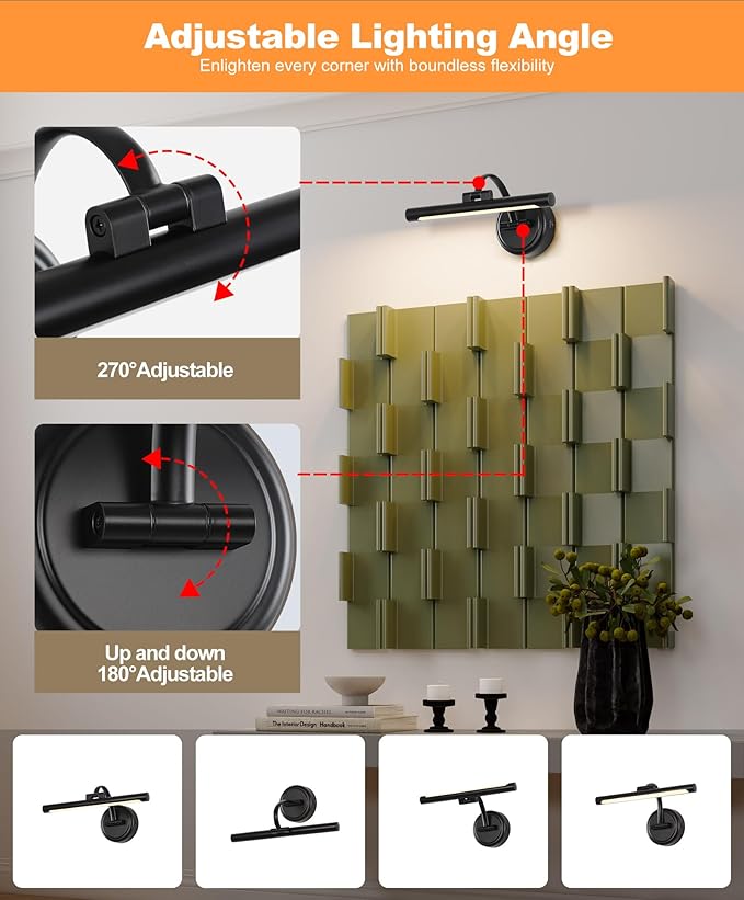 Rechargeable Picture Light for Wall, Cordless Art Lights Battery Operated, Dimmable Wall Light with Remote & Timer, 3 Color Modes for Paintings, Gallery, Artwork(Black, 12inch)