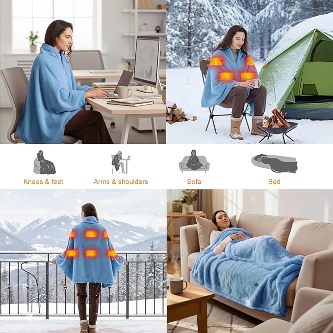 Cordless Heated Blanket Battery Operated with Fleece Lining 7.4V 16000mAh Battery Portable Wearable Heated Shawl for Women Men 6 Heating Zones 3 Fast-Heating Levels (Battery Included)