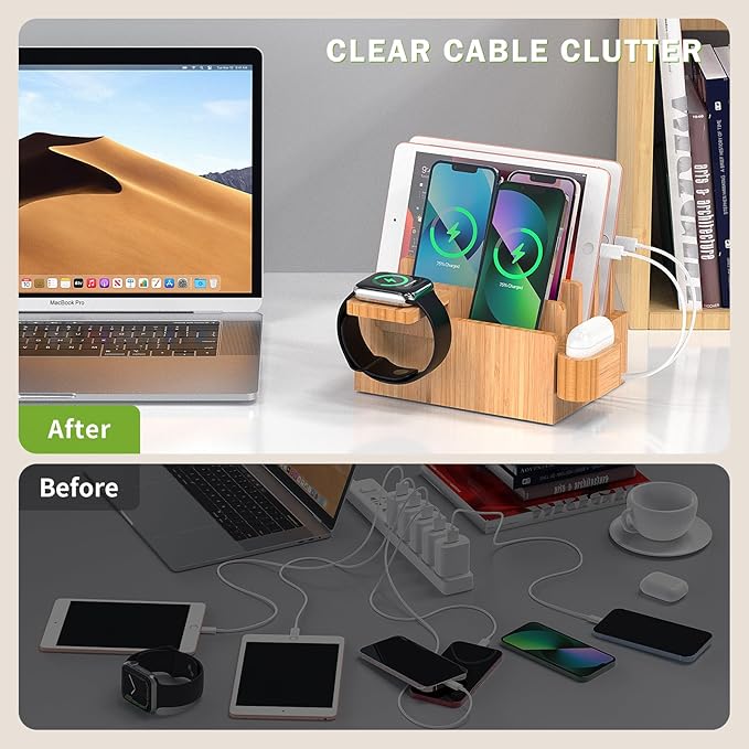 Pezin & Hulin Bamboo Charging Station for Multiple Devices with 5 Port USB Charger, 5 Cables, Watch&Earbuds Stand, Electronic Device Desktop Organizer for Cellphone, Tablet, Watch, Earbuds