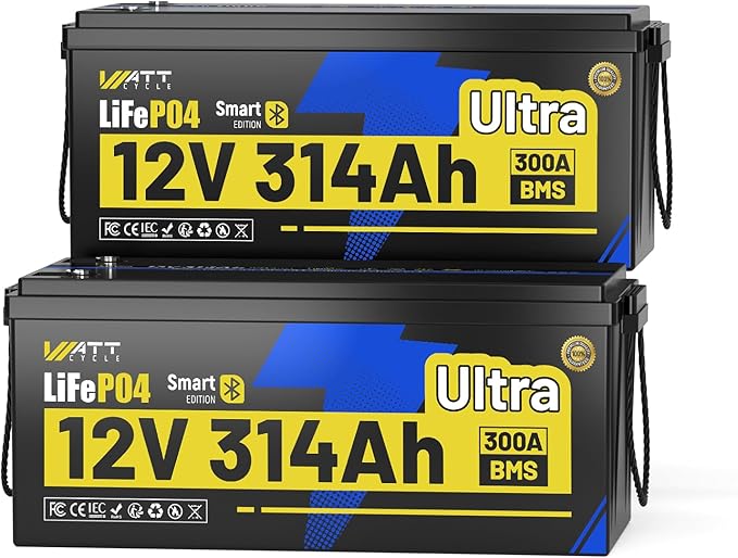 WattCycle 12V 314Ah LiFePO₄ Battery 2 Pack, Lithium Battery 12V 300A BMS, Lithium RV Batteries Built-in Bluetooth, IP65 Marine Batteries, Perfect for Home Energy Storage, RV, Marine, Solar, Off-Grid