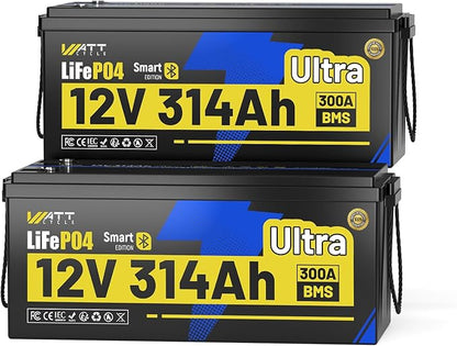 WattCycle 12V 314Ah LiFePO₄ Battery 2 Pack, Lithium Battery 12V 300A BMS, Lithium RV Batteries Built-in Bluetooth, IP65 Marine Batteries, Perfect for Home Energy Storage, RV, Marine, Solar, Off-Grid