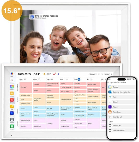 15.6 Inch Digital Calendar Wall Touch Screen Chore Chart, 64GB Electronic Calendar + 1080 FHD Smart Family Planner, Wall and Desk Mountable