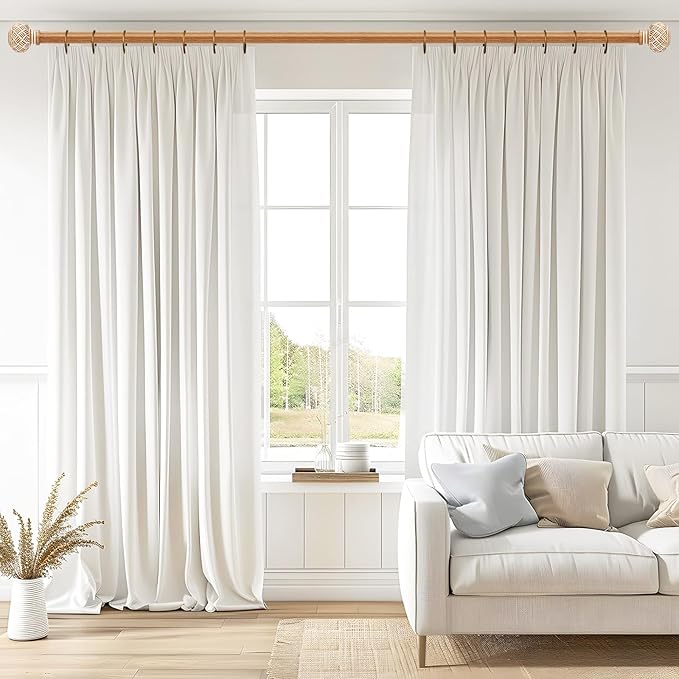 Wood Curtain Rods for Windows 72 to 144 Inches, Decorative 1'' Diameter Heavy Duty Adjustable Rustic Farmhouse Drapery Pole with Boho Imitation Wooden Grain Finials, Size: 30''-144'', Brown
