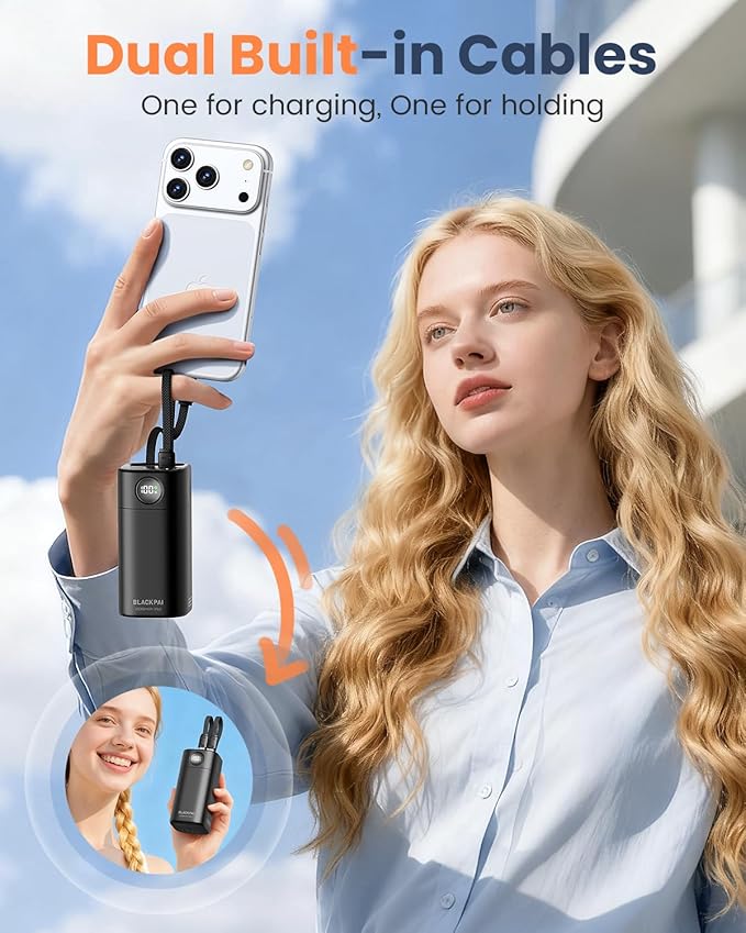 Portable Power Bank 20,000mAh, PD 35W Portable Charger Super Fast Charging with 2 Built-in Cables, USB-C Digital Display Battery Pack for iPhone Air 17/16/15/14/13, Portable Travel Charger