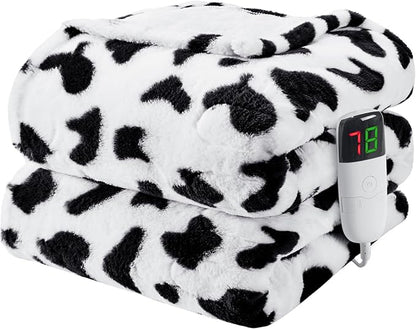 Cow Print Heated Electric Blanket Full Size,72X84 Black Heating Blanket with 10 Heats Levels & 8 Hours Auto Off,Cute Cow Fleece Sherpa Blankets Warmer Gifts for Women Adults,Washable