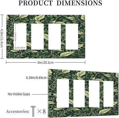 Vintage Green Plant Leaves 4 Gang Wall Plates Outlet Covers Quad Rocker Light Switch Cover Plate Decorative Switch Plates GFCI Electrical Faceplate for Bathroom Bedroom Decor 4.5 X 8 IN