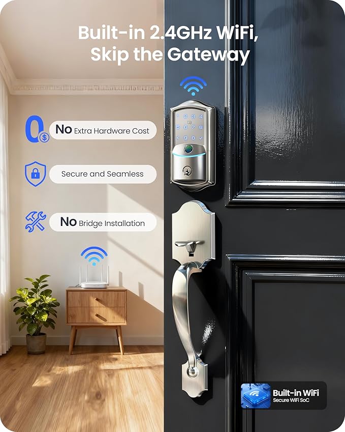 Veise VE027-H WiFi Fingerprint Smart Deadbolt Lock with Handleset, App Remote Control, Keyless Entry Front Door Lock Set, Built-in Wi-Fi, Touchscreen Keypad, Auto-Lock, Easy Setup, Satin Nickel