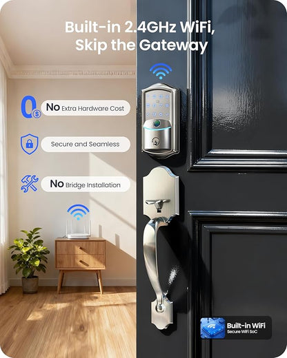Veise VE027-H WiFi Fingerprint Smart Deadbolt Lock with Handleset, App Remote Control, Keyless Entry Front Door Lock Set, Built-in Wi-Fi, Touchscreen Keypad, Auto-Lock, Easy Setup, Satin Nickel