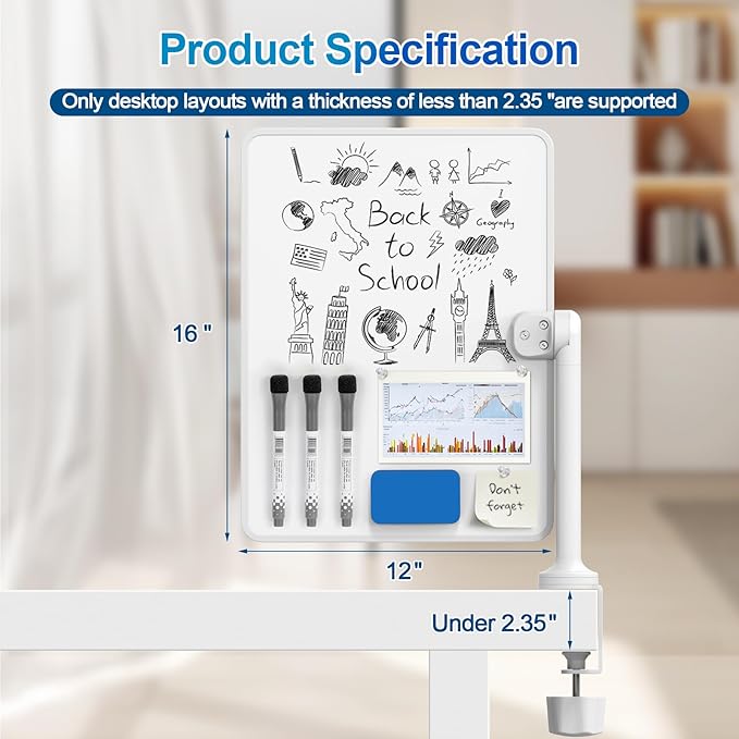 Double-Sided Desk Whiteboard with Dual 360° Swivel - 16" x 12" Clamp-On Desktop Whiteboard for Tables Under 2.3" Thick for Office, Home, School(1pc)