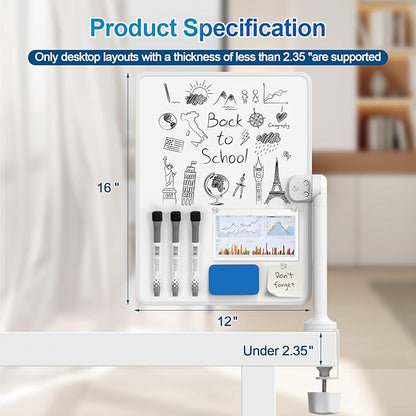 Double-Sided Desk Whiteboard with Dual 360° Swivel - 16" x 12" Clamp-On Desktop Whiteboard for Tables Under 2.3" Thick for Office, Home, School(1pc)