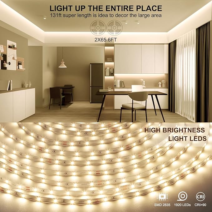 White LED Strip Lights, 131ft Dimmable 24V LED Lights Strip 4000K Bright Natural White, Flexible Tape Lights for Bedrooms, Kitchen, Cabinet, Christmas Decor, 2 Rolls of 65.6ft