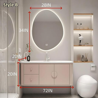 72IN Pink Modern Bathroom Vanity - Bathroom Vanities Set with 2 Drawers Wall Mounted | Rounded Corner Smart Defogging Mirror Cabinet with Lighting & Time Display, Side Opening Storage Shelf (Style B)