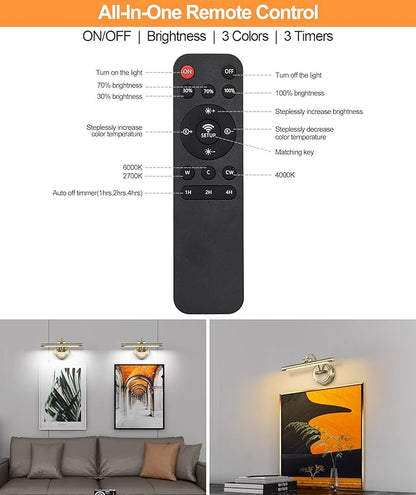 Picture Light for Wall,Battery Operated Art Lights for Painting,3 Color and Brightness, Adjustable Wireless Portrait Lights with Remote for Artwork,Bookcase,Photo Frames(Antique Bronze, 12inch)