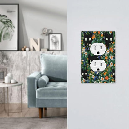 Boho Funny Black Cute Cats Daisy Wildflower Outlet Covers 1 Gang Duplex Light Switch Cover Decorative Switch Plates Electrical Receptacle Faceplate Wall Plate For Kids Room Bed Room Decor