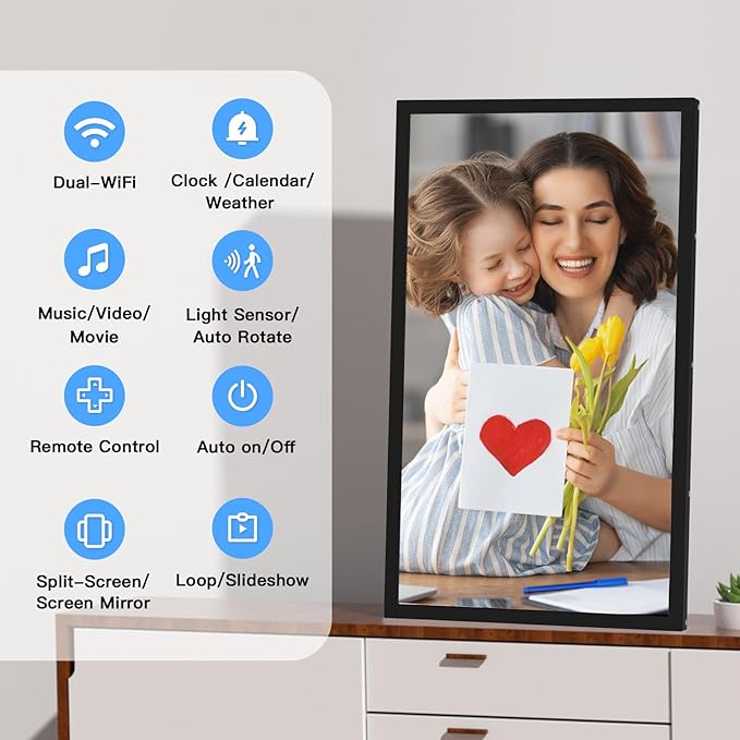 Large Digital Picture Frame 21.5 inch WiFi-Photo-Frame - 32GB, 1920x1080 IPS FHD, Auto Rotate, Load Photos Videos from Phone via App Email, Free Cloud Storage, Wall Mounted, Gift for Father Mother