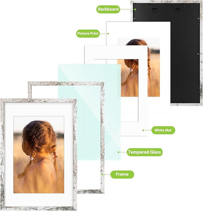 Golden State Art, 16X24 Picture Frame with Mat for 12X18 - High Definition Glass Wall Mounting Horizontal Vertical Display (Weathered White, 2 Pack)