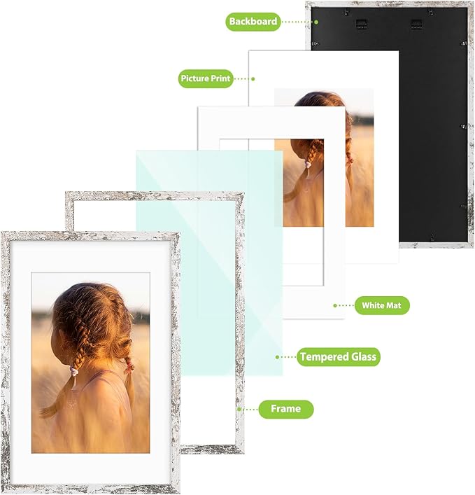 Golden State Art, 16X24 Picture Frame with Mat for 12X18 - High Definition Glass Wall Mounting Horizontal Vertical Display (Weathered White, 1 Pack)