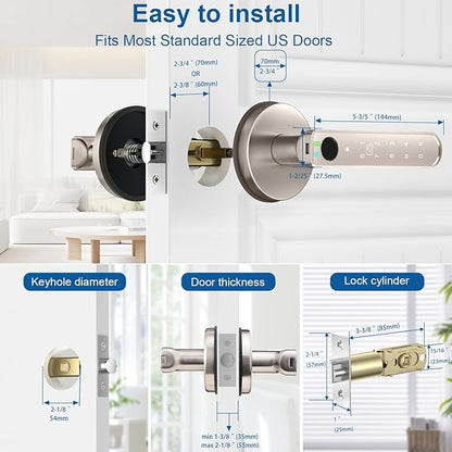 Fingerprint Door Lock, Fingerprint Door Knob Biometric Door Lock Smart Door Knob with App Control, Keyless Entry with Handle for Home Office Apartment Bedroom Nickel