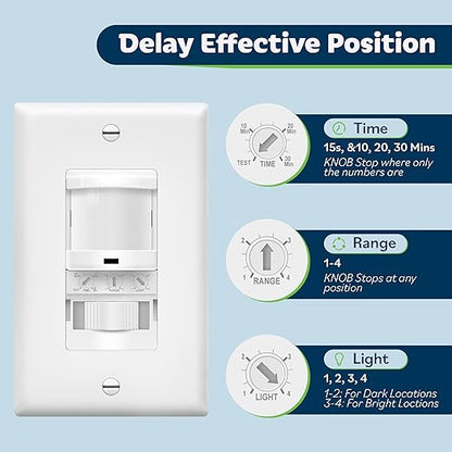 TOPGREENER In-Wall PIR Motion Sensor Light Switch, Single Pole Occupancy Sensor Switch, Motion Sensor Switch, Need Neutral Wire, Wall Plate Included, On/Off Override, 4A, 500W, TSOS5-W, White, 2 Pack